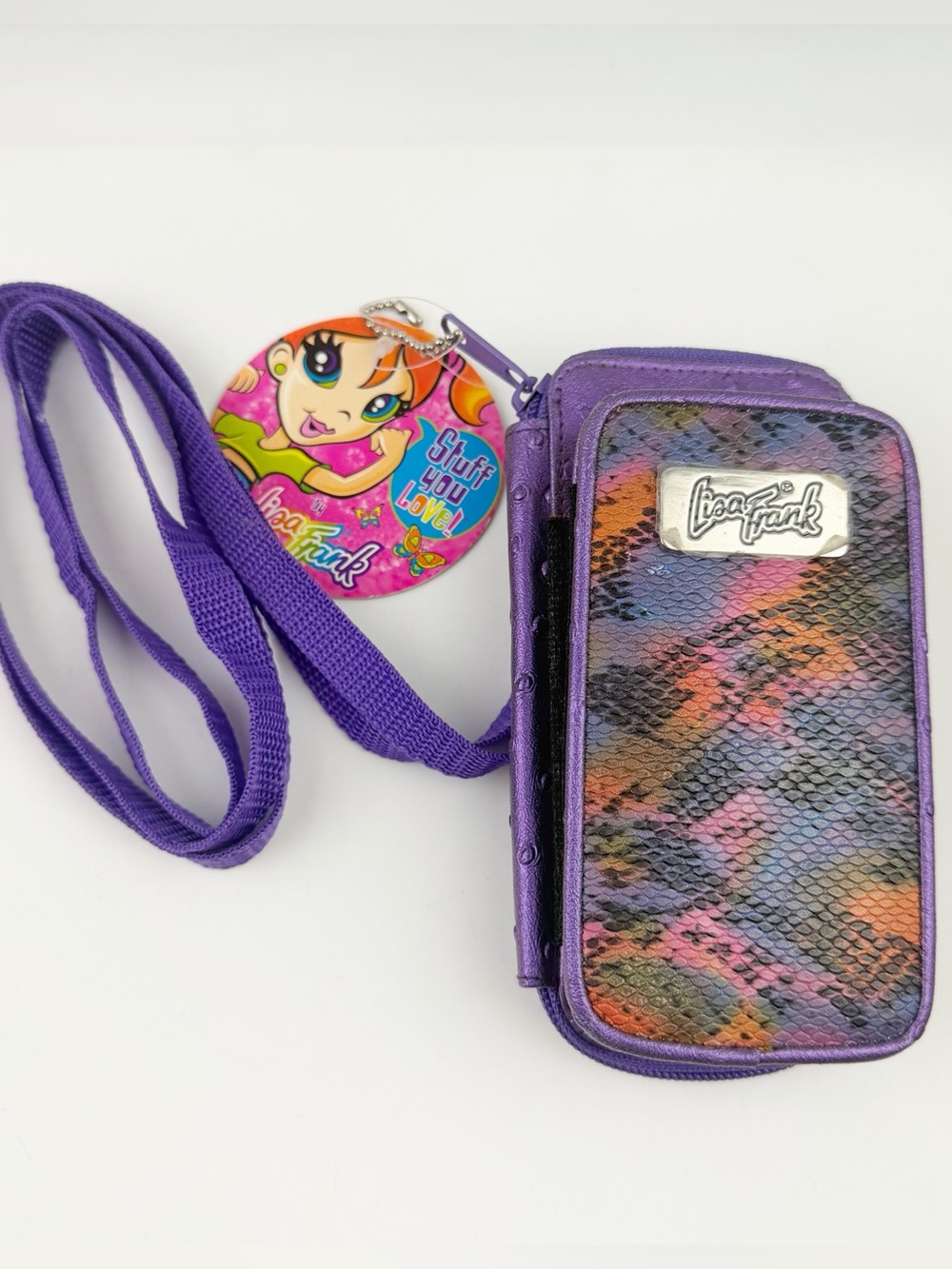 Vtg Lisa Frank Cell Phone Wallet Purse Cross Body Purple Faux Snakeskin Y2K New